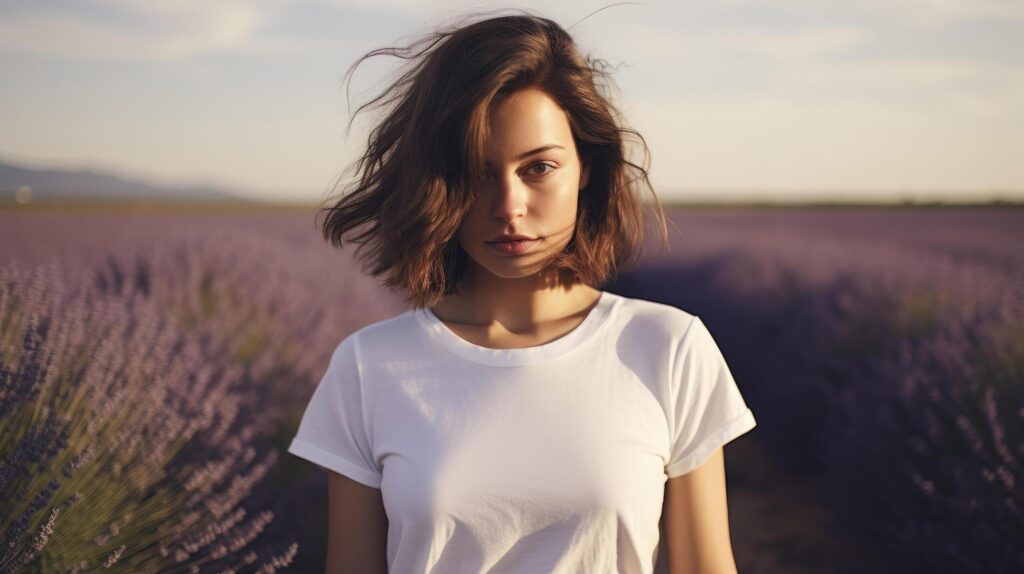 A brunette girl with a short haircut in a white T-shirt poses in a lavender field Free Photo