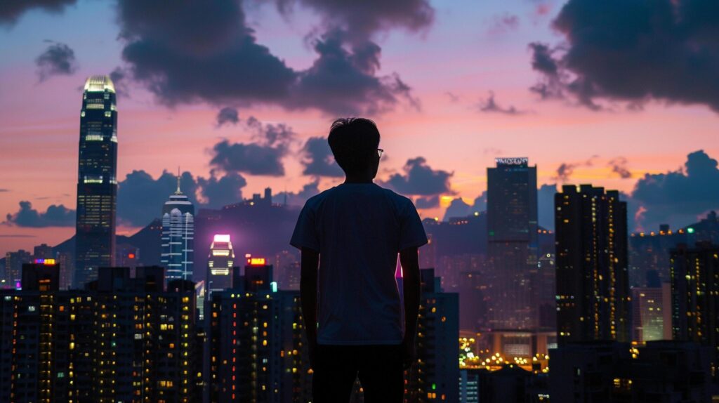 A businessman standing in front of a city skyline contemplating future business endeavors with a vision board in hand Free Photo