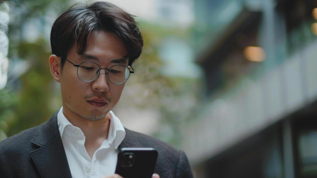 AI generated A businessman using a smartphone for global business activities, including internet connection Stock Free