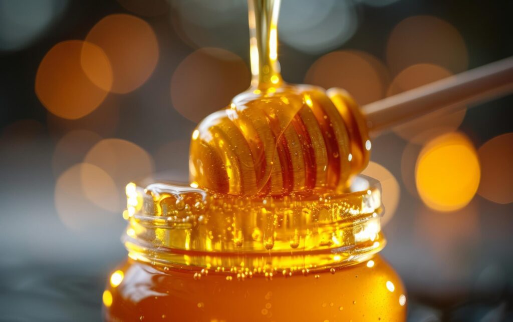 A captivating close up of honey as it drips down from a dipper Free Photo