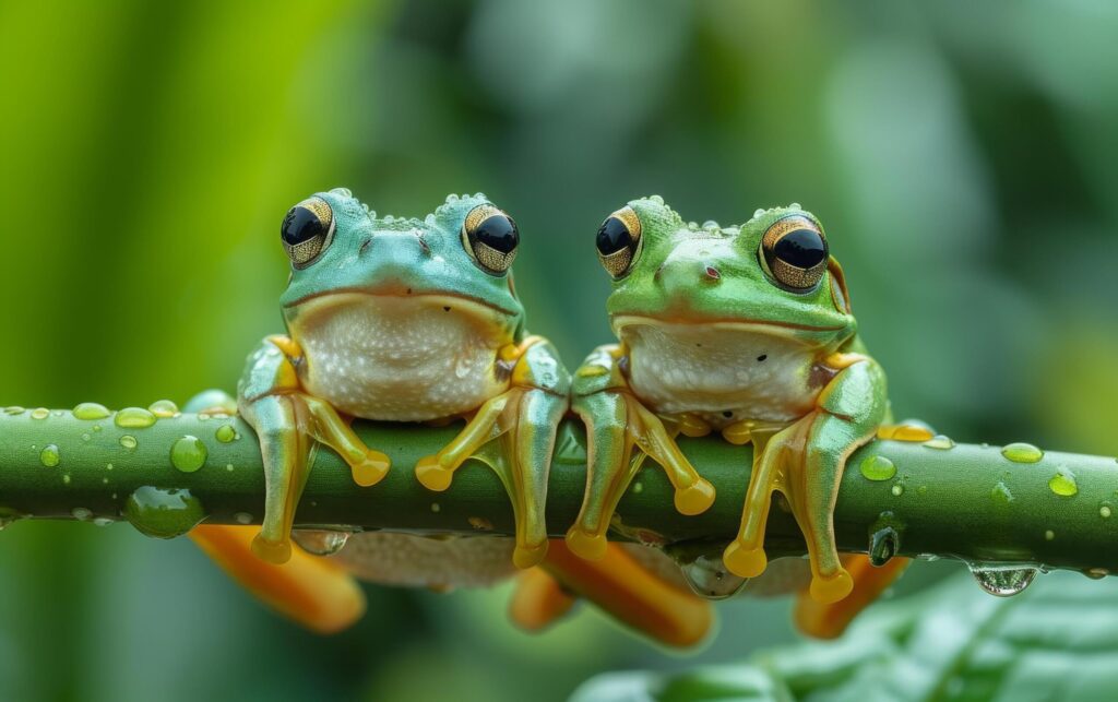 A captivating close up of two green frogs mirroring each other on a stem Free Photo