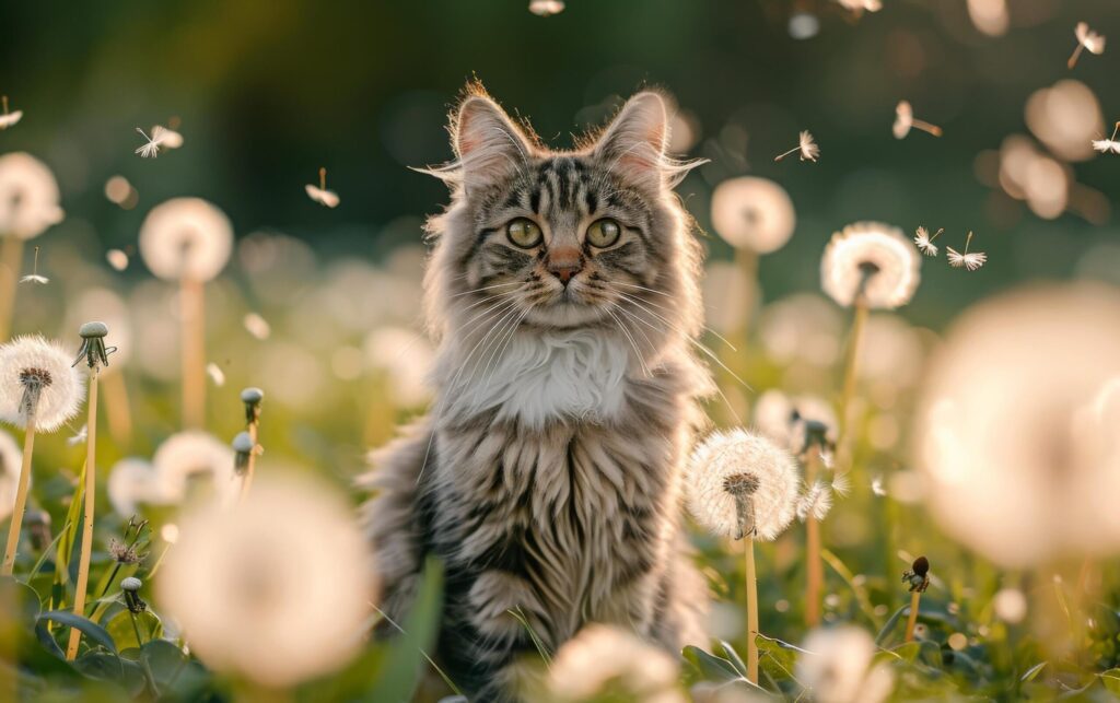 A captivating tabby cat sits amidst a field of dandelions Free Photo