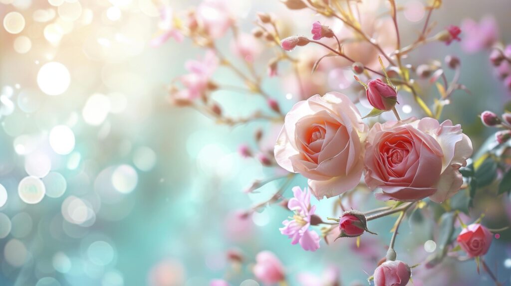 A Photo Capturing Cute Roses and Spring Flowers in a Playful Flight, Against a Pastel Bokeh Background, Conjuring a Symphony of Springtime Delight Free Photo