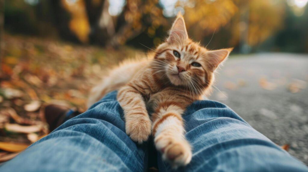 A cat affectionately rubs against a human’s legs, seeking attention and companionship. Free Photo