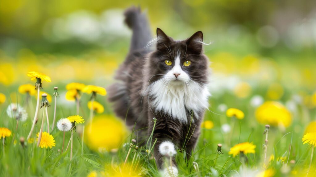 A cat strolls through a meadow dotted with dandelions, enjoying the serene surroundings. Free Photo