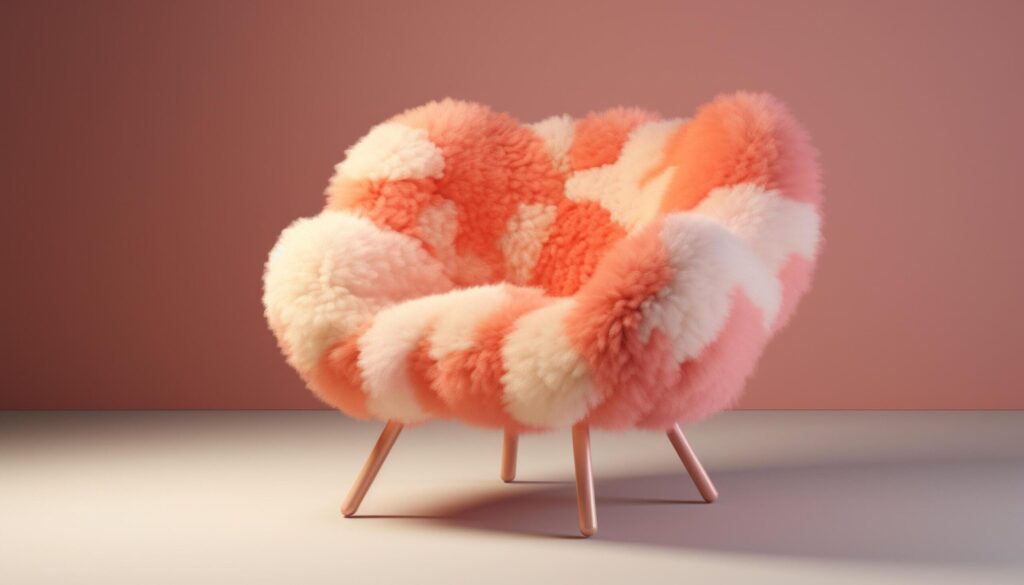 a chair with a pink fur is placed on an orange background Free Photo