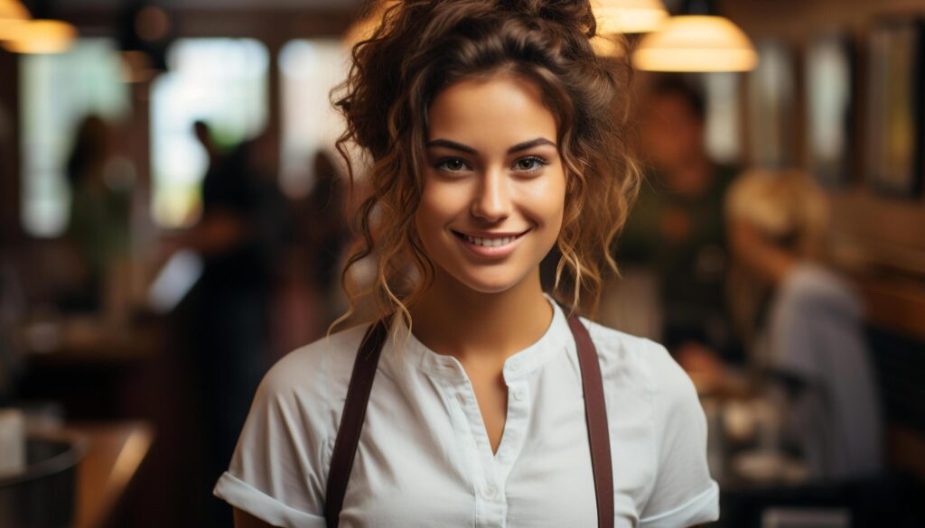 A cheerful barista, a young woman, smiling confidently generated by AI Free Photo