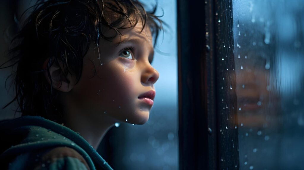 A child gazes out from a rain-spattered window, captivated by the rhythmic patterns of raindrops. Ai Generated Free Photo