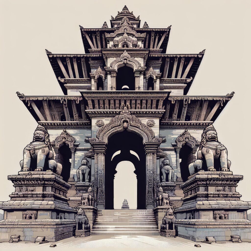 A close-up depiction of a weathered stone entrance gate to a Nepali temple, adorned with intricate carvings and guardian statues. Free Photo