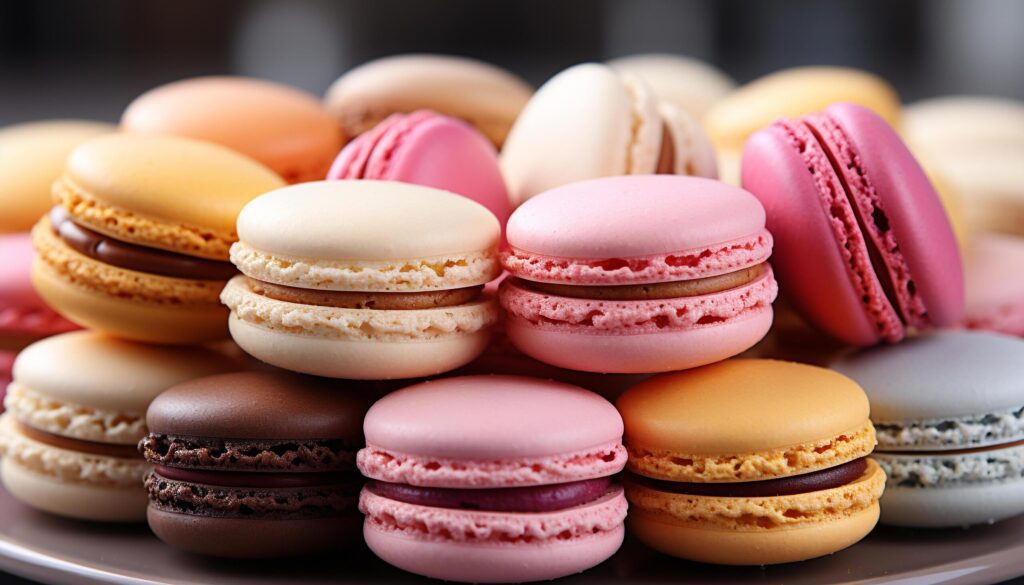 A close up of a gourmet macaroon stack, colorful and sweet generated by AI Free Photo