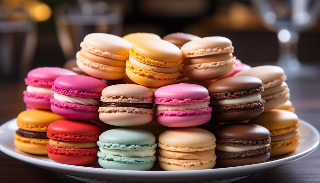 A close up of a gourmet macaroon stack on a pink plate generated by AI Free Photo