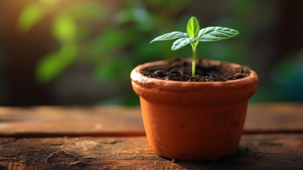 A close-up of a small, sprouting plant in a terracotta pot, representing spring growth and potential Free Photo