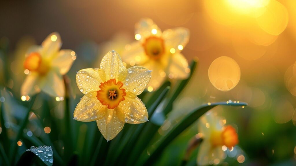 A close-up of dew-kissed daffodils, illuminated by the warm Free Photo