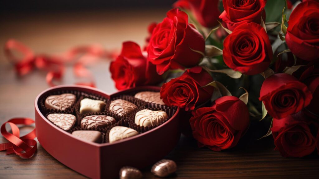 A close-up shot of a heart-shaped box of chocolates with a bouquet of red roses in the background Free Photo