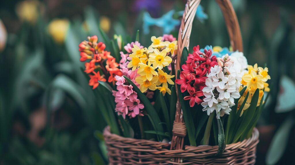 A close up shot of colorful spring flowers arranged in a basket symbolizing the beauty of the season Free Photo