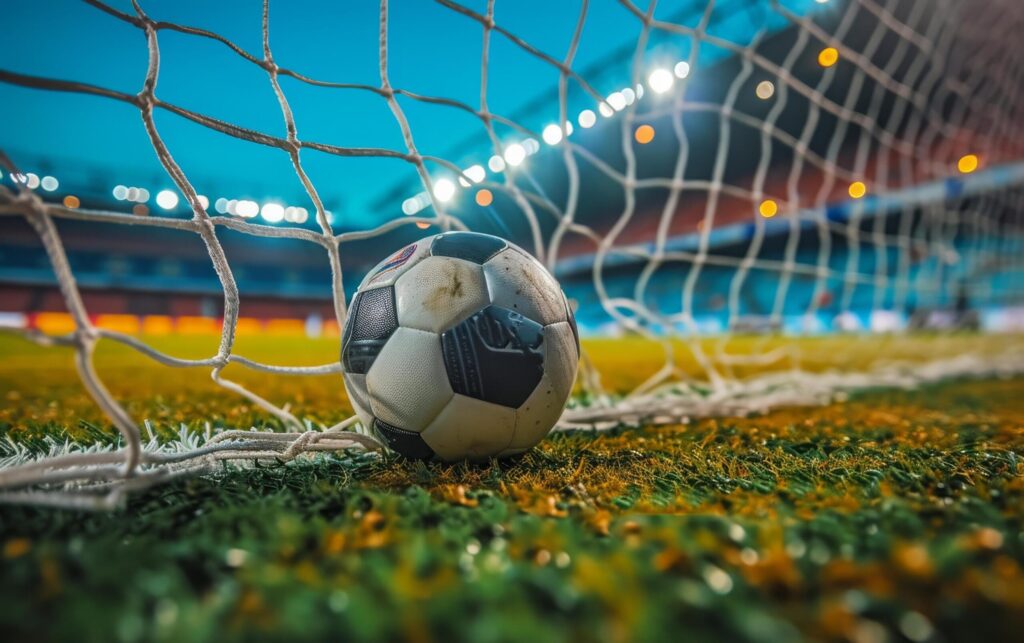 A close up view of a worn soccer ball nestled in the goal net Free Photo