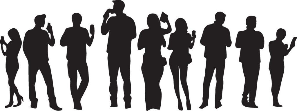 a collection of human silhouettes holding cellphones, posing, watching a concert, showing off their cellphones and standing Free Vector