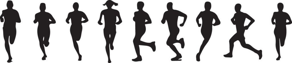 a collection of silhouettes of athletes running, running, walking, jogging and marathon running Free Vector