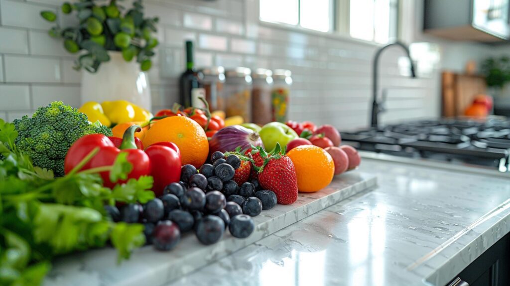 A colorful assortment of fresh fruits and vegetables on a kitchen counter Free Photo