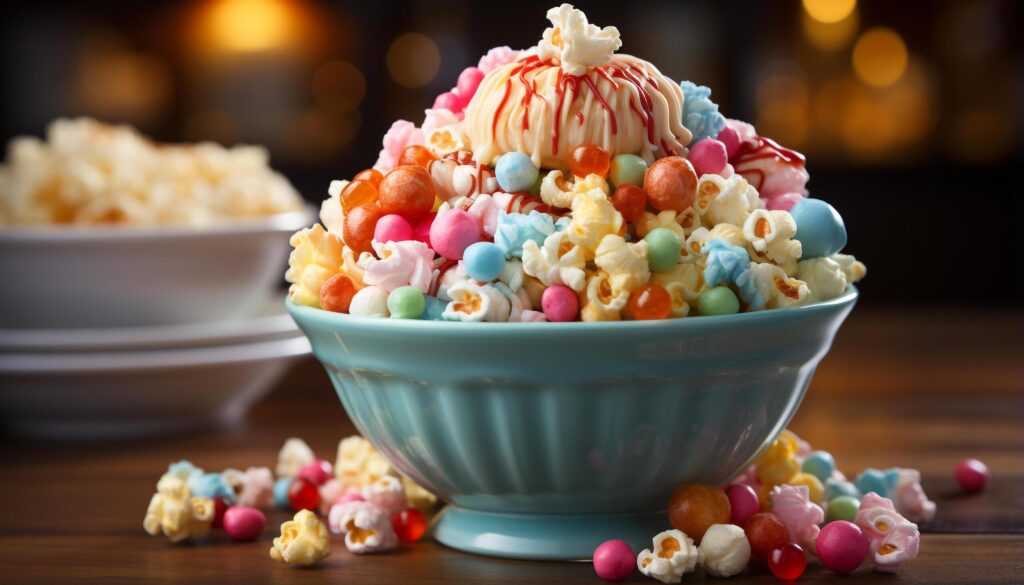 A colorful bowl of sweet candy on a dessert table generated by AI Free Photo