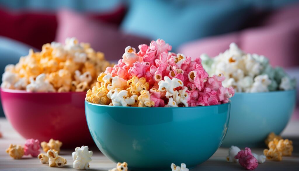 A colorful bowl of sweet candy on a wooden table generated by AI Free Photo