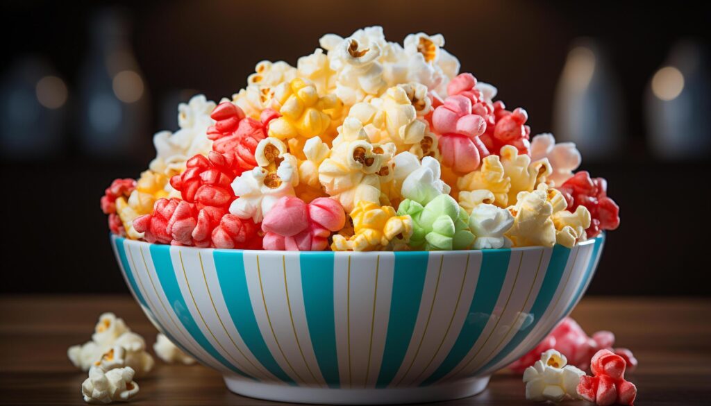 A colorful bowl of sweet snacks on a wooden table generated by AI Free Photo