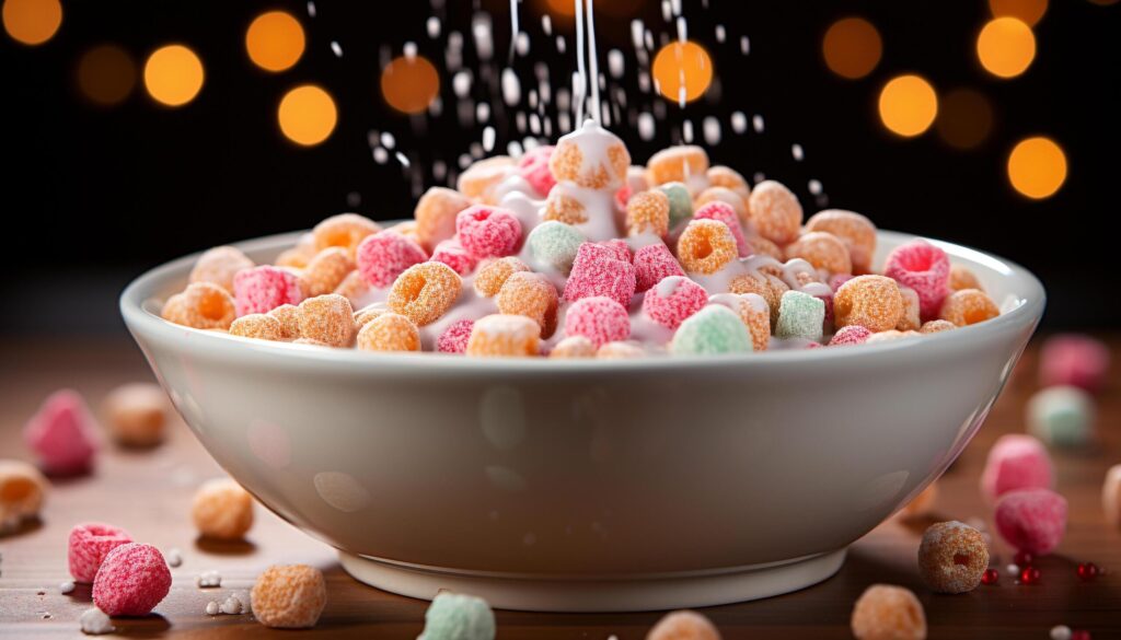 A colorful bowl of sweet treats candy, fruit, and cookies generated by AI Free Photo