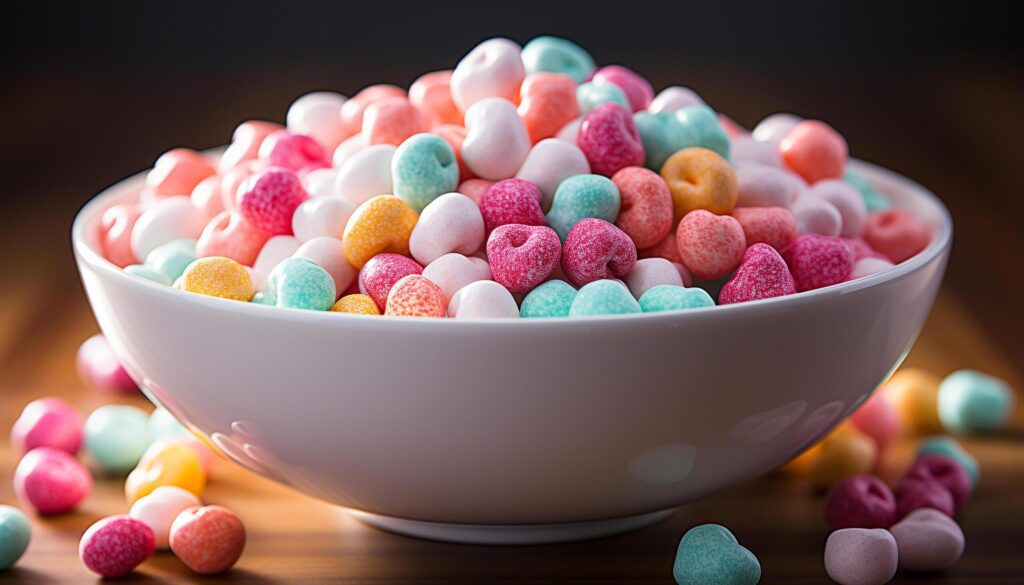 A colorful bowl of sweet treats on a wooden table generated by AI Free Photo