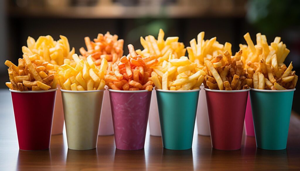 A colorful collection of fast food snacks on a table generated by AI Free Photo