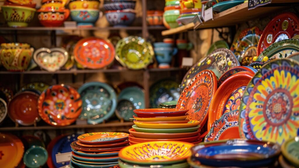 A Colorful display of hand-painted ceramic plates and bowls in a cozy artisan shop. Free Photo