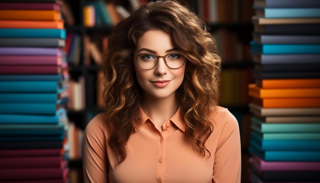 A confident young woman studying, holding a bookshelf portrait generated by AI Free Photo