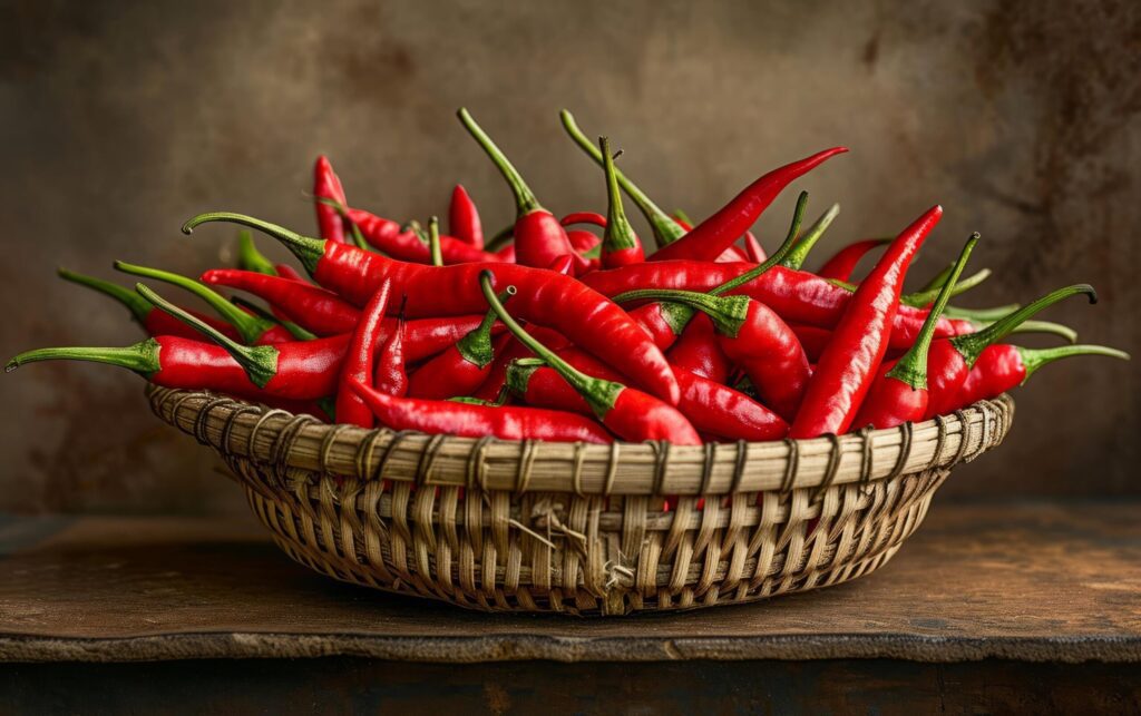 A country style basket overflowing with radiant red chili peppers Free Photo