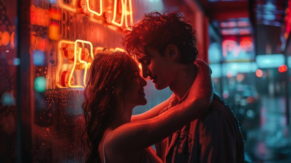 A couple embracing under a neon sign their love illuminated by the warm glow of the light creating a romantic and intimate moment Free Photo