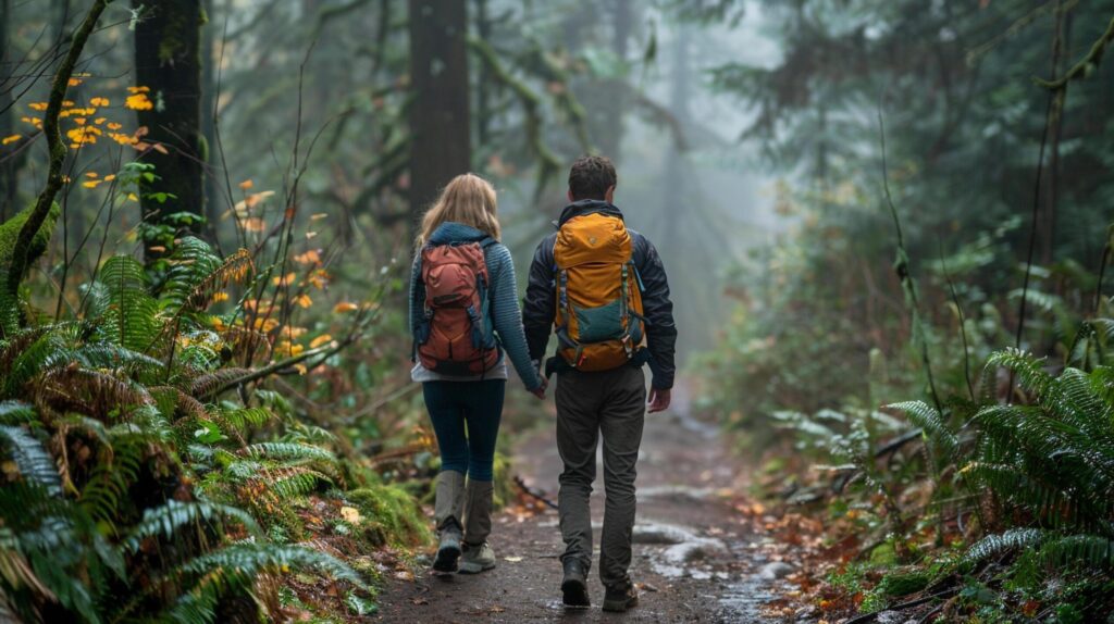 A couple hiking through a scenic forest trail Free Photo