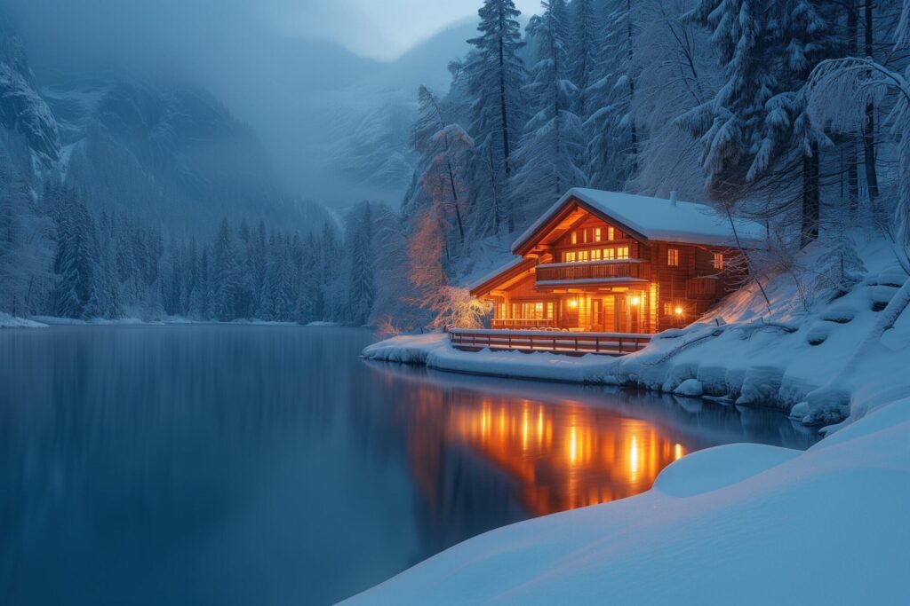 a cozy cabin in the snowy forest at night Free Photo