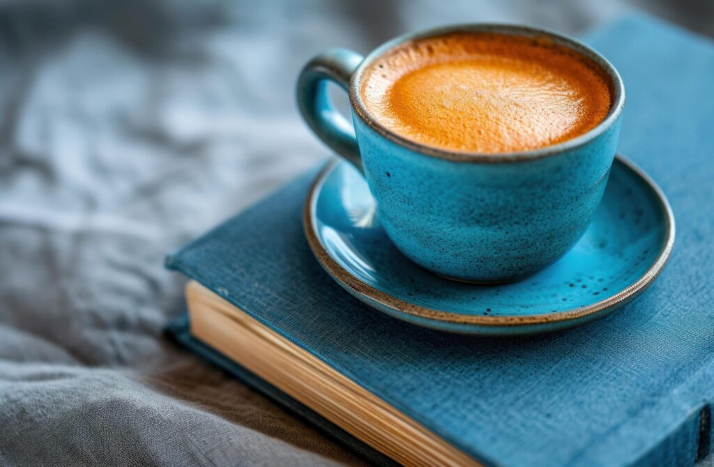 a cup of coffee on a blue book Free Photo