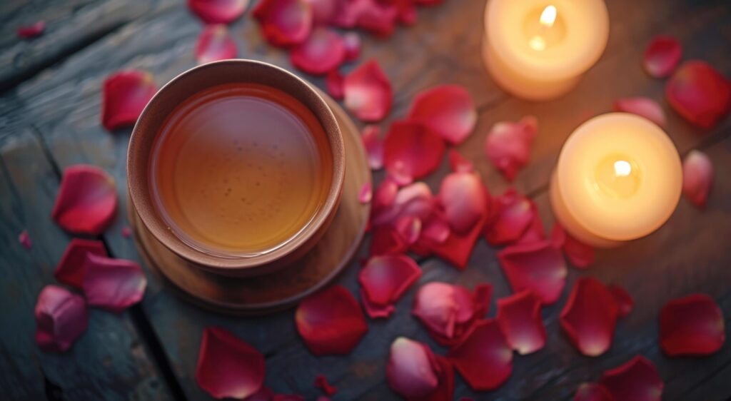 a cup of tea with rose petals and candles on a wooden table Free Photo