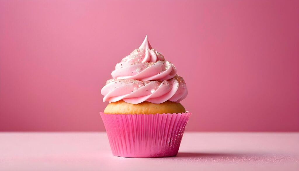 a cupcake with pink frosting on a pink background Free Photo