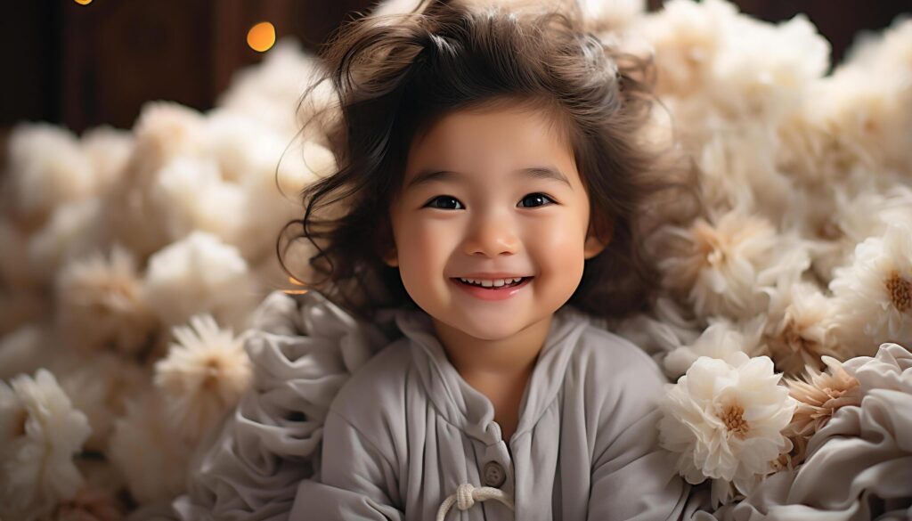 A cute, cheerful girl smiling, looking at camera with joy generated by AI Free Photo