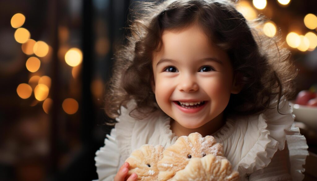 A cute, smiling girl enjoys a cookie at Christmas generated by AI Free Photo