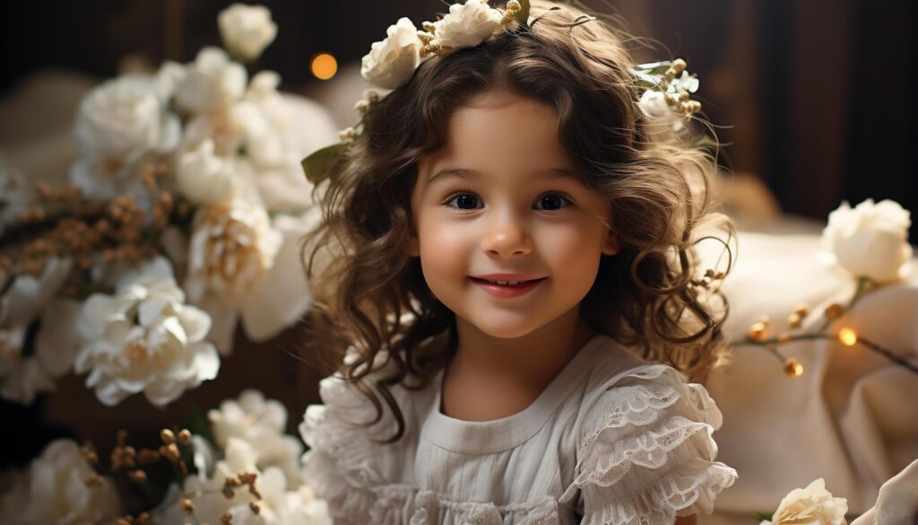 A cute, smiling girl holding a flower, full of joy generated by AI Free Photo