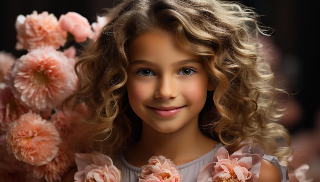 A cute, smiling girl with curly hair, looking at camera generated by AI Free Photo