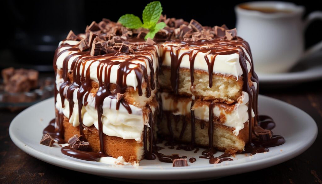 A decadent slice of homemade chocolate cake on a plate generated by AI Free Photo