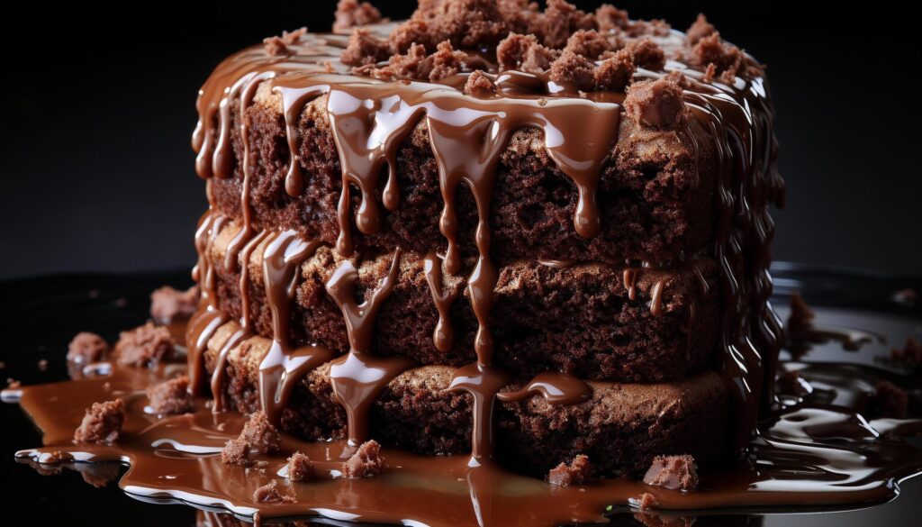 A decadent slice of homemade chocolate cake with fudge icing generated by AI Free Photo