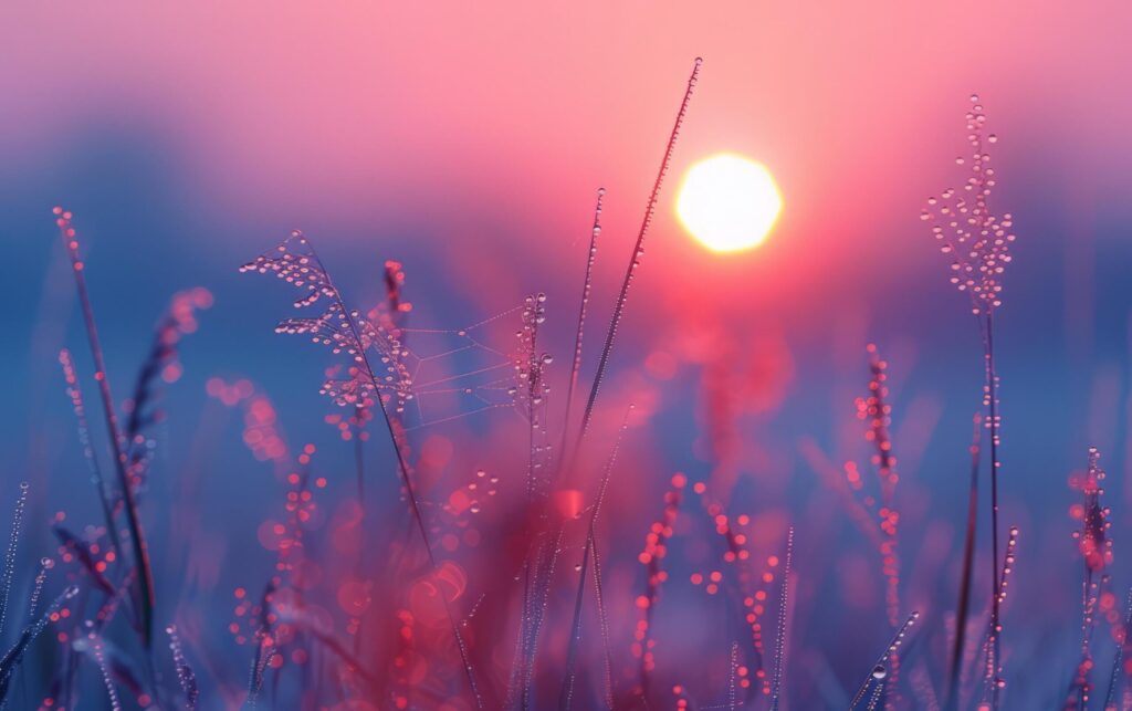 A delicate spider web, adorned with morning dew, captures the first light of dawn Free Photo