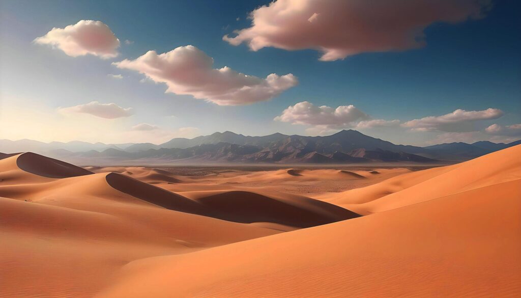 a desert landscape with mountains and clouds Free Photo