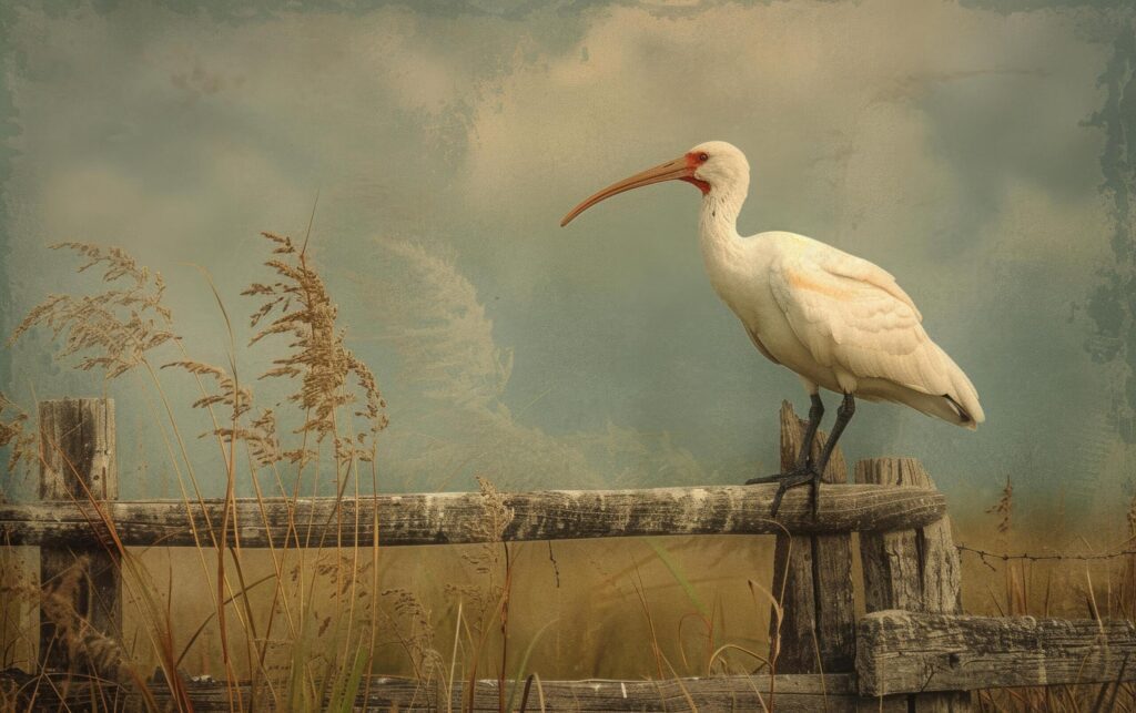 A Detailed Shot of an Exquisite White Ibis Standing on a Frayed Wooden Barrier Free Photo