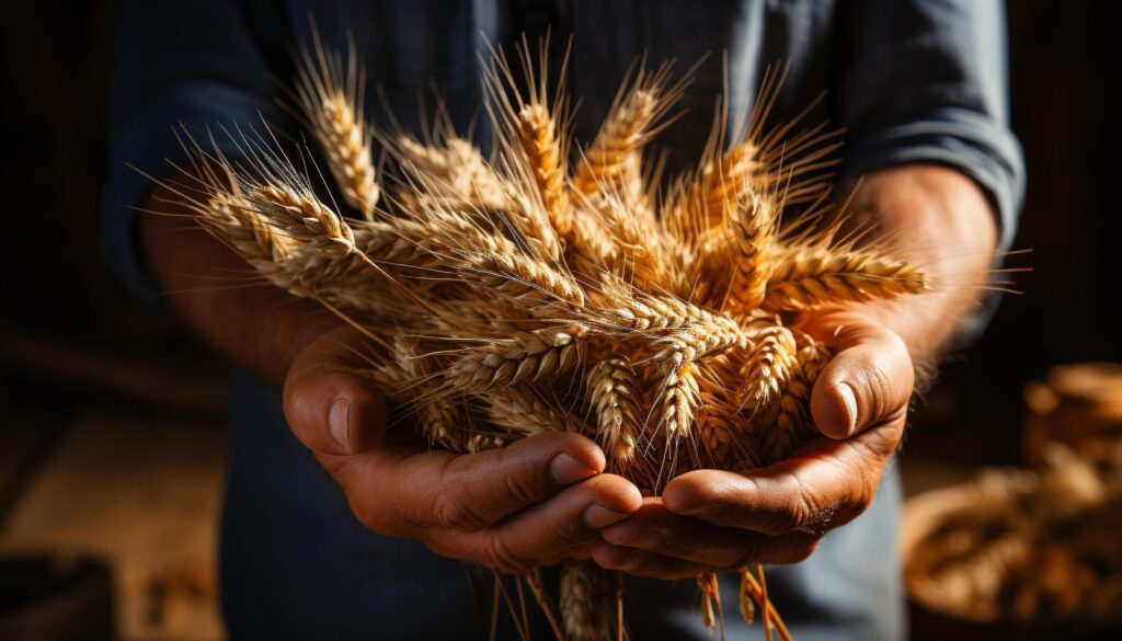 A farmer hand holds organic wheat, nature healthy meal generated by AI Free Photo