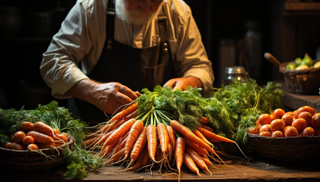 A farmer holding fresh vegetables, working outdoors in nature generated by AI Free Photo