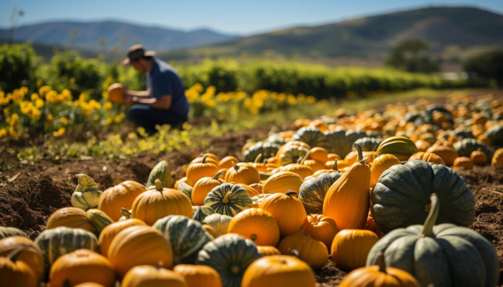 A farmer picking ripe pumpkins in an autumn vegetable garden generated by AI Free Photo